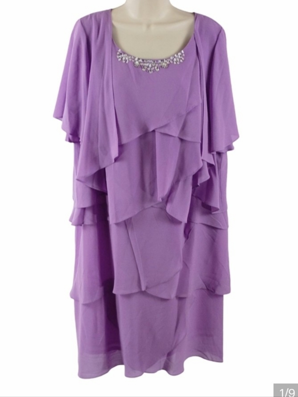 Lavender Chiffon Tiered Midi Dress with Attached Cape And Embellished Neckline
